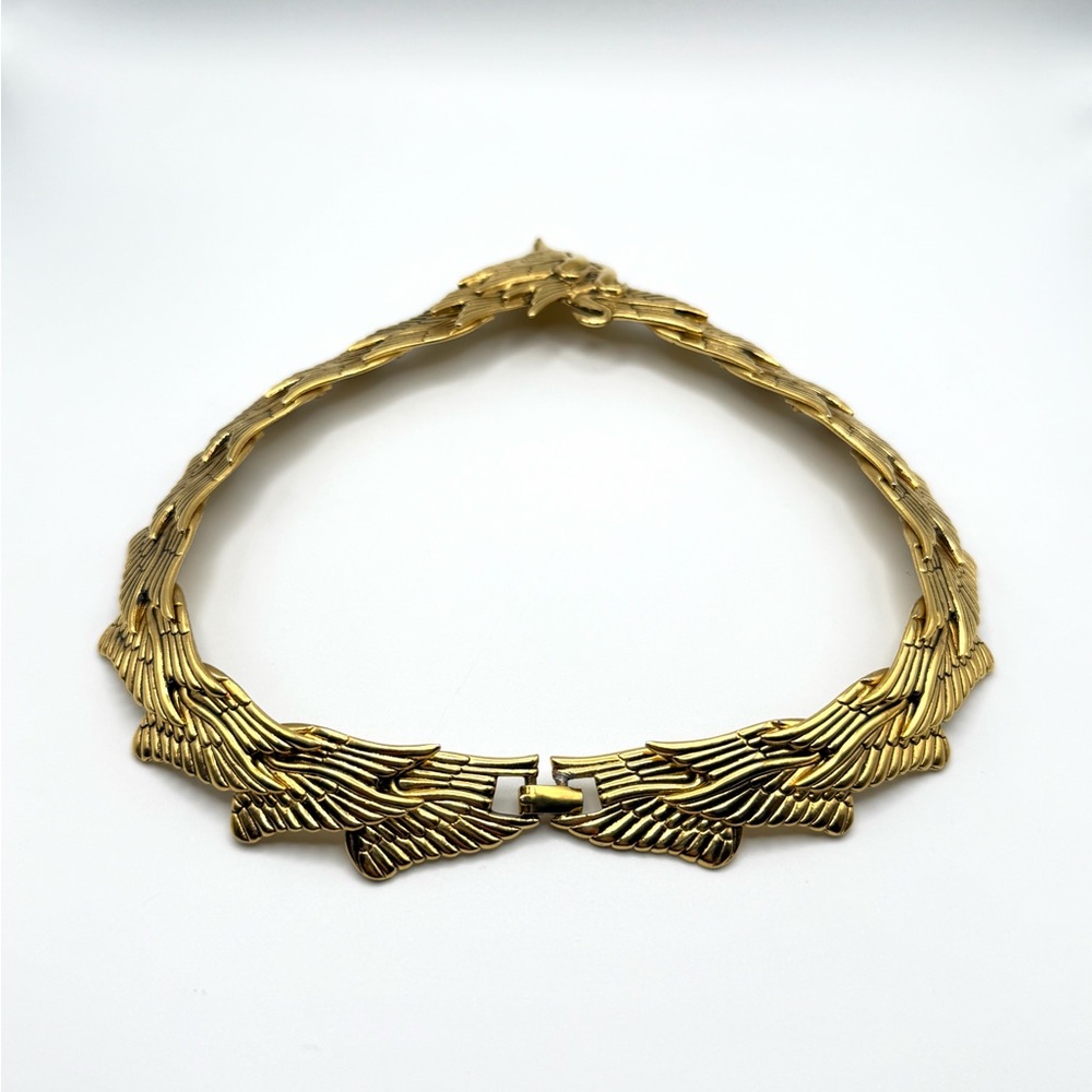 Vintage 80s Laurel Burch Swan Wing Gold Tone Choker Collar Necklace 16” - Picture 6 of 15